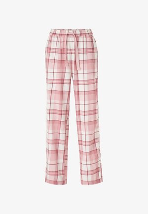 Rosa og hvide plaidbukser med en afslappet pasform, elastisk talje og frontstrop detaljer. Har et blødt, let materiale og lige bukseben.