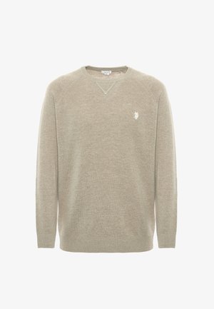 Maglione beige in morbido tessuto a maglia, colletto rotondo, polsini e orlo a costine, con un piccolo logo ricamato sul lato sinistro del petto.