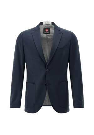 Dark blue men's blazer with two front pockets, a chest pocket, notched lapels, and two buttons, shown against a white background.