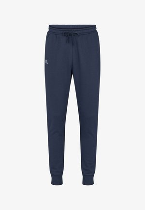 Tengerészkék pamut keverékből készült melegítőnadrág elasztikus derékpánttal és húzózsinórral, bordázott szegélyekkel, valamint kis logóval a bal combon.