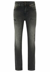 Black denim jeans with a faded finish. Features distressed details and a straight-leg design. Button closure and classic five-pocket styling.