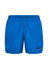 Blå sportshorts med elastisk midjeband, justerbar dragsko och svart logodetalj. Slät, lättviktsmaterial med sidodetaljer.