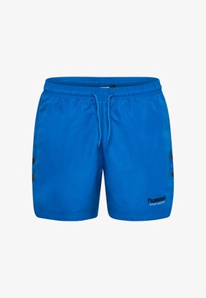 Blauwe sportshorts met een elastische tailleband, verstelbaar trekkoord en zwart logo detail. Gladde, lichtgewicht stof met zijaccenten.