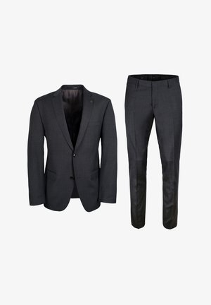 Antracietgrijs kostuumset met een colbert met geknipt revers en twee knopen, gecombineerd met slim-fit broek, beide in een gestructureerde stof.