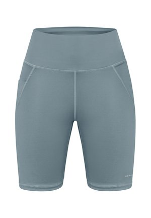 High-waisted cycling shorts in soft gray fabric. Features flatlock seams, a side pocket, and a fitted design suitable for active wear.
