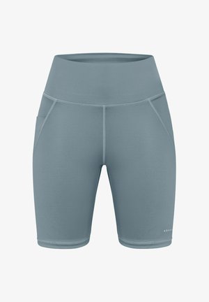 High-waisted cycling shorts in soft gray fabric. Features flatlock seams, a side pocket, and a fitted design suitable for active wear.