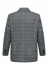 Blazer à chevrons gris avec des accents bleus, conception à un bouton, col en pointe et poignets à boutons. Tissu texturé avec une coupe structurée.
