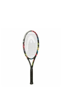 Tennisschläger mit schwarzem Rahmen, verziert mit bunten geometrischen Akzenten, einem strukturierten Griff und einem Gittermuster auf den Saiten.