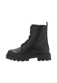 Botas de tobillo de cuero negro con punta redondeada, cordones delanteros y suela de goma gruesa. Incluyen detalles de costura y una lengüeta.