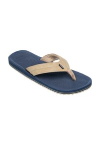 Flip-flop beige e blu con suola texturizzata, cinturini in tessuto, suola in gomma e un piccolo logo laterale. Presenta un design a contrasto.
