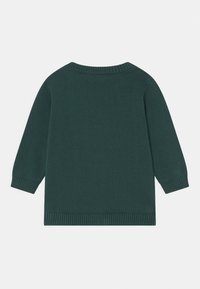 Groene gebreide trui met een ronde halslijn, driekwartmouwen en geribde boorden en zoom. De textuur lijkt glad en zacht te zijn.