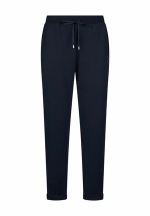 Pantaloni blu navy a gamba affusolata con vita elastica e coulisse, orli risvoltati e ricamo laterale discreto con logo.