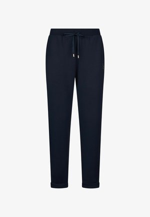 Pantalon bleu marine fuselé avec taille élastique et cordon de serrage, ourlets retroussés et broderie discrète du logo sur le côté.