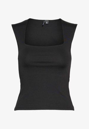 Top negro sin mangas con escote cuadrado. Fabricado en un tejido suave y elástico con un diseño ajustado. Presenta bordes limpios y un minimalismo en los detalles.