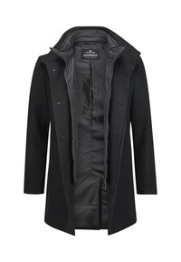 Schwarzer Wollmantel mit strukturiertem Design, featuring einer Knopfschließe, hohem Kragen und glattem Satinfutter. Innentasche enthalten.