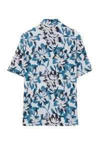 Camicia a maniche corte in tessuto bianco con un motivo floreale blu e nero. Design con colletto, vestibilità comoda e texture morbida.