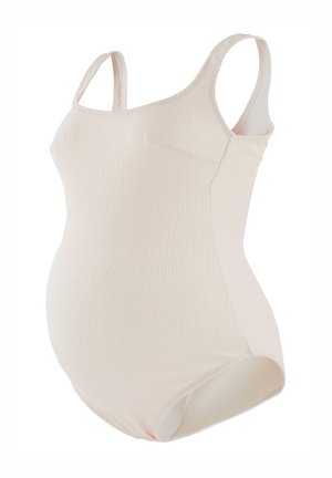 Bodysuit de maternité en ribbed beige clair avec des bretelles fines, un décolleté arrondi et un ajustement extensible conçu pour le confort pendant la grossesse.