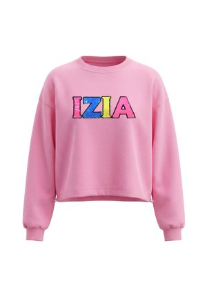 Lyserød sweatshirt med lange ærmer med ribstrikkede manchetter og et farverigt "IZIA"-logo i store blokbogstaver foran.