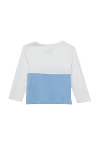 Langarmshirt met een kleurblokontwerp; bovenste helft in het wit en onderste helft in lichtblauw. Gemaakt van zachte katoen, met een ronde halslijn.