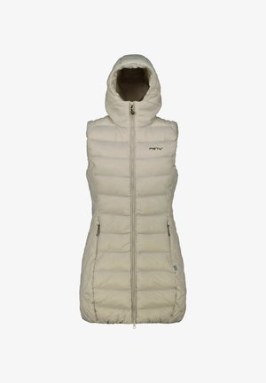 Chaleco acolchado beige sin mangas con capucha, cremallera completa frontal, dos bolsillos laterales con cremallera y logotipo "meru" en el pecho.