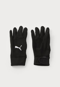 Gants noirs en polaire avec une paume texturée pour une bonne prise, dotés d'un poignet élastique et d'un logo blanc au niveau du poignet.