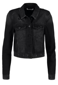 Svart jeansjacka i kort modell med långa ärmar, knäppning framtill, två bröstfickor och fransar på kragen och nederkanten.