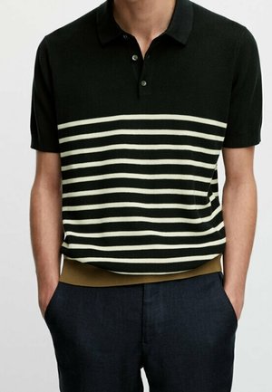 Black short-sleeve polo with cream horizontal stripes, knit texture, and a solid dark collar. Ribbed hem in a contrasting khaki color.