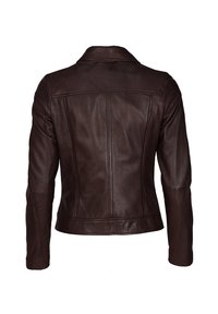 Donkerbruine leren jas gezien van achteren met een nauwsluitend silhouet, lange mouwen en verticale naadtoelichtingen.