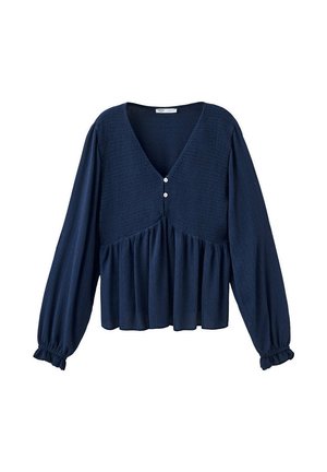 Blusa blu navy a maniche lunghe con scollo a V, corpino arricciato, due piccoli bottoni, vita raccolta e polsini elasticizzati.