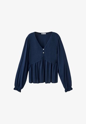 Blouse bleu marine manches longues avec col en V, corsage froncé, deux petits boutons, taille froncée et poignets élastiqués.