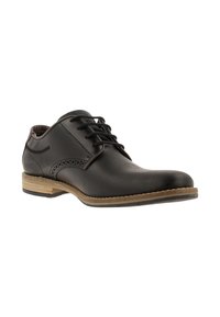 Schwarze Lederdressschuhe mit Schnürdesign, abgerundetem Zeh, durchbrochenen Details und einer hellbraunen, strukturierten Gummisohle.