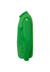 Grøn atletisk jakke med lynlås krave, prydet med et struktureret diagonalt mønster og et logo på skulderen. Materialet ser glat og strækbart ud.