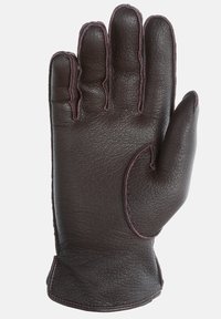 Brauner Lederhandschuh mit fünf Fingern, genäht mit kontrastierendem dunklem Faden. Verfügt über eine glatte Textur und ein ergonomisches Design.