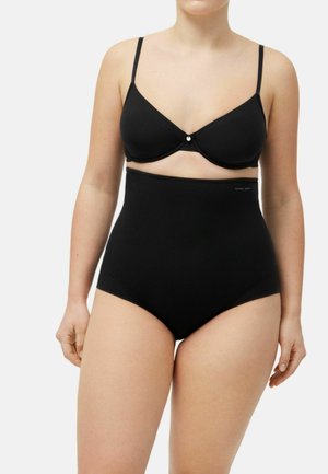 Braguitas negras de talle alto con una textura suave y una cinturilla ancha. Presentan un diseño sencillo y sin herrajes visibles ni patrones.