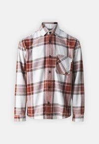 Kostičkovaná košile v červené, béžové a bílé barvě, vyrobená z měkké tkaniny, s knoflíkovou légu a kapsou na prsou. Dlouhé rukávy.