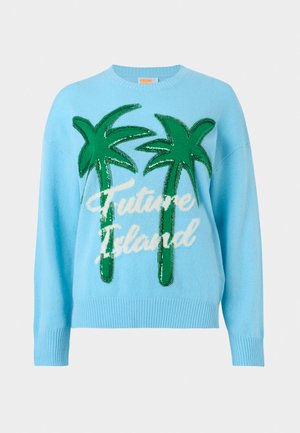 Pull bleu clair avec deux grands palmiers verts et un texte cursif blanc indiquant "Future Island" sur le devant.