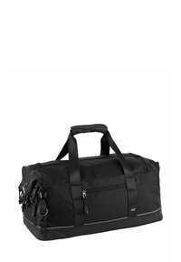 Sac de voyage rectangulaire noir avec deux poignées supérieures, poche zippée à l'avant, et plusieurs boucles et sangles sur les côtés sur fond blanc.
