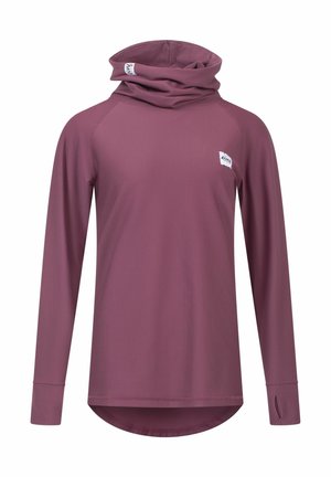 Haut à manches longues en tissu côtelé bordeaux avec un col cheminée, featuring une étiquette logo et des trous pour les pouces pour une fonctionnalité accrue.