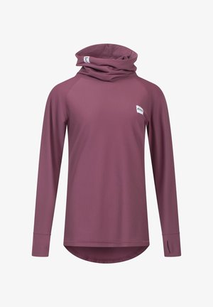 Langärmliges Oberteil aus geripptem weinrotem Stoff mit Stehkragen, ausgestattet mit einem Logopatch und Daumenlöchern für zusätzliche Funktionalität.