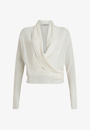 Maglione bianco lavorato a maglia, corto, con colletto drappeggiato, texture a coste, maniche lunghe e vita aderente. Design semplice senza motivi.
