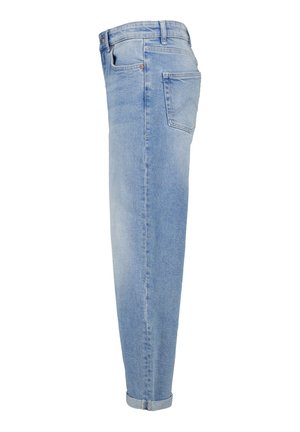 Pantalon en denim bleu clair au design droit, avec poches latérales et une poche arrière, ourlets retroussés et coutures contrastées.