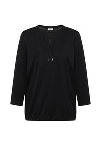 Haut noir à manches longues avec un col rond, un cordon de serrage réglable à l'avant, un détail froncé aux épaules et un ourlet élastiqué.