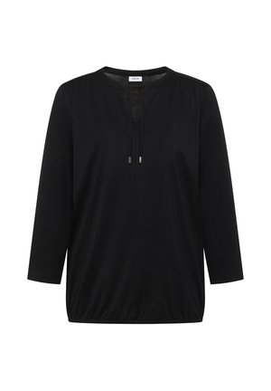Haut noir à manches longues avec un col rond, un cordon de serrage réglable à l'avant, un détail froncé aux épaules et un ourlet élastiqué.