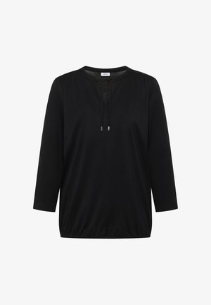 Sort langærmet top med rund halsudskæring, justerbar snor foran, opsamlet detaljer ved skuldrene og elastisk kant.