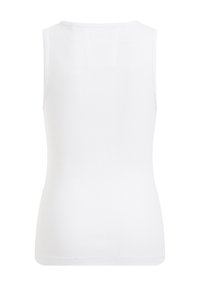 Top sin mangas blanco, hecho de tela acanalada. Presenta un escote redondo y una silueta ajustada, con un dobladillo plano en la parte inferior.