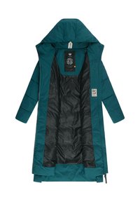 Teal isolert jakke med full hette, svart innermateriale og glidelås. Har hettetekstur og sidelommer.