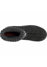 Gray wool slipper with a rounded shape, elasticated ankle cuff, and a fleece lining. Features simple white and blue accent stitching.