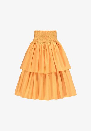 Oranje gelaagde rok met een gedetailleerde tailleband. Zachte stofstructuur met twee lagen gerimpelde stof voor extra volume en vorm.