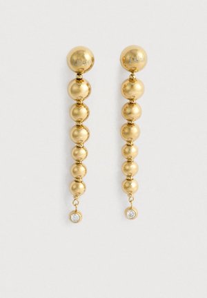 Χρυσά σκουλαρίκια με μια σειρά από σφαιρικές χάντρες και μια μικρή κρεμαστή κρυστάλλινη λεπτομέρεια στο κάτω μέρος. Λείο, γυαλισμένο φινίρισμα.