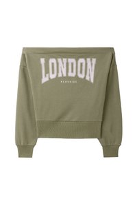 Sweat-shirt vert olive épaules dénudées avec poignets et ourlet côtelés, imprimé avec "LONDON" en grandes lettres blanches et "MEMORIES" en plus petit en dessous.